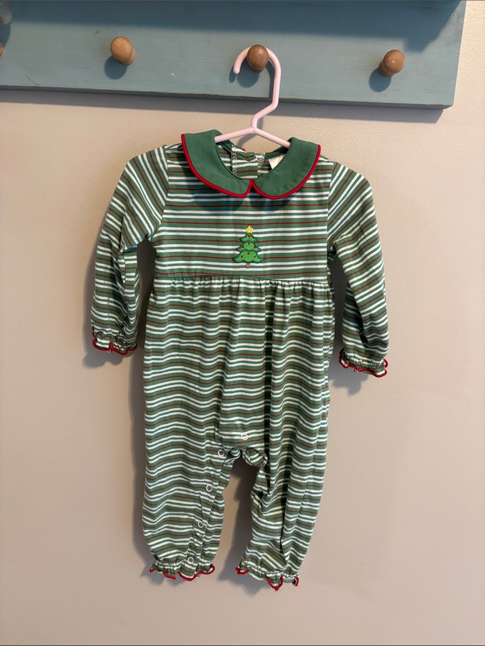 Abby & Evie Christmas Tree Romper 18M Baby Girl Green Red Striped One Piece